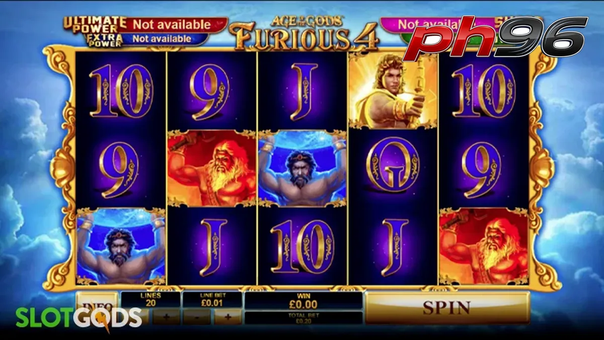 Age of the Gods: Furious 4 slot interface na may mga diyos at gintong disenyo.