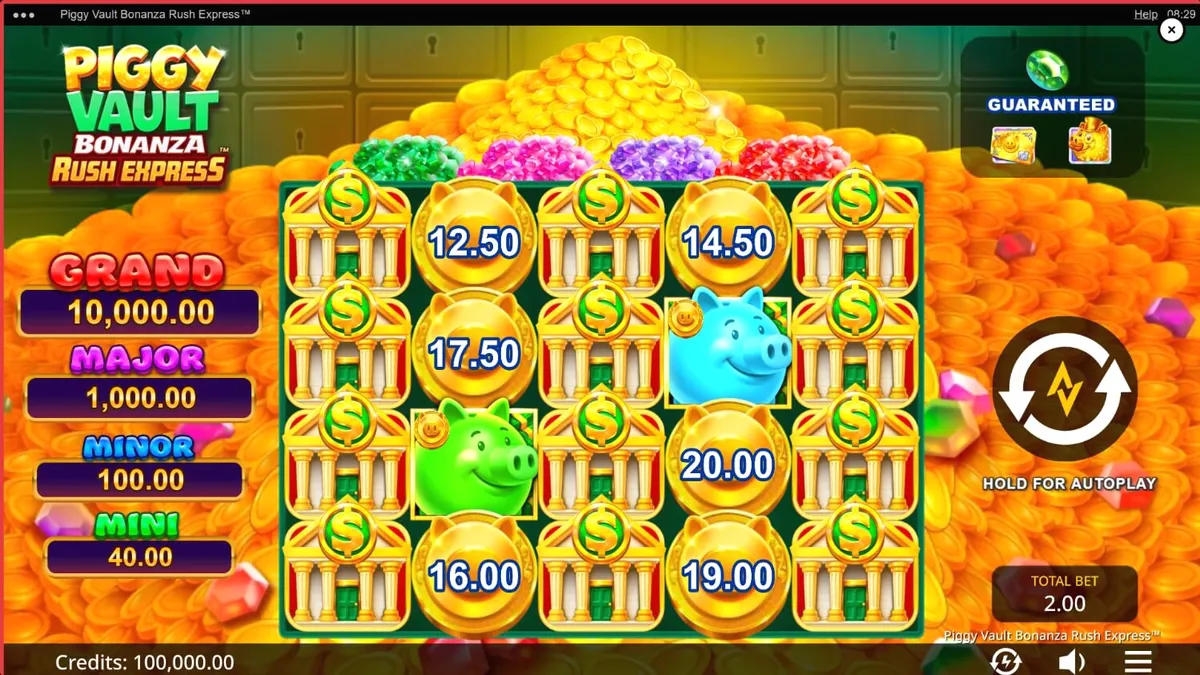 Isang makulay at marangyang visual ng Piggy Vault Bonanza Rush Express slot na may mga gintong piggy bank at vault symbols.